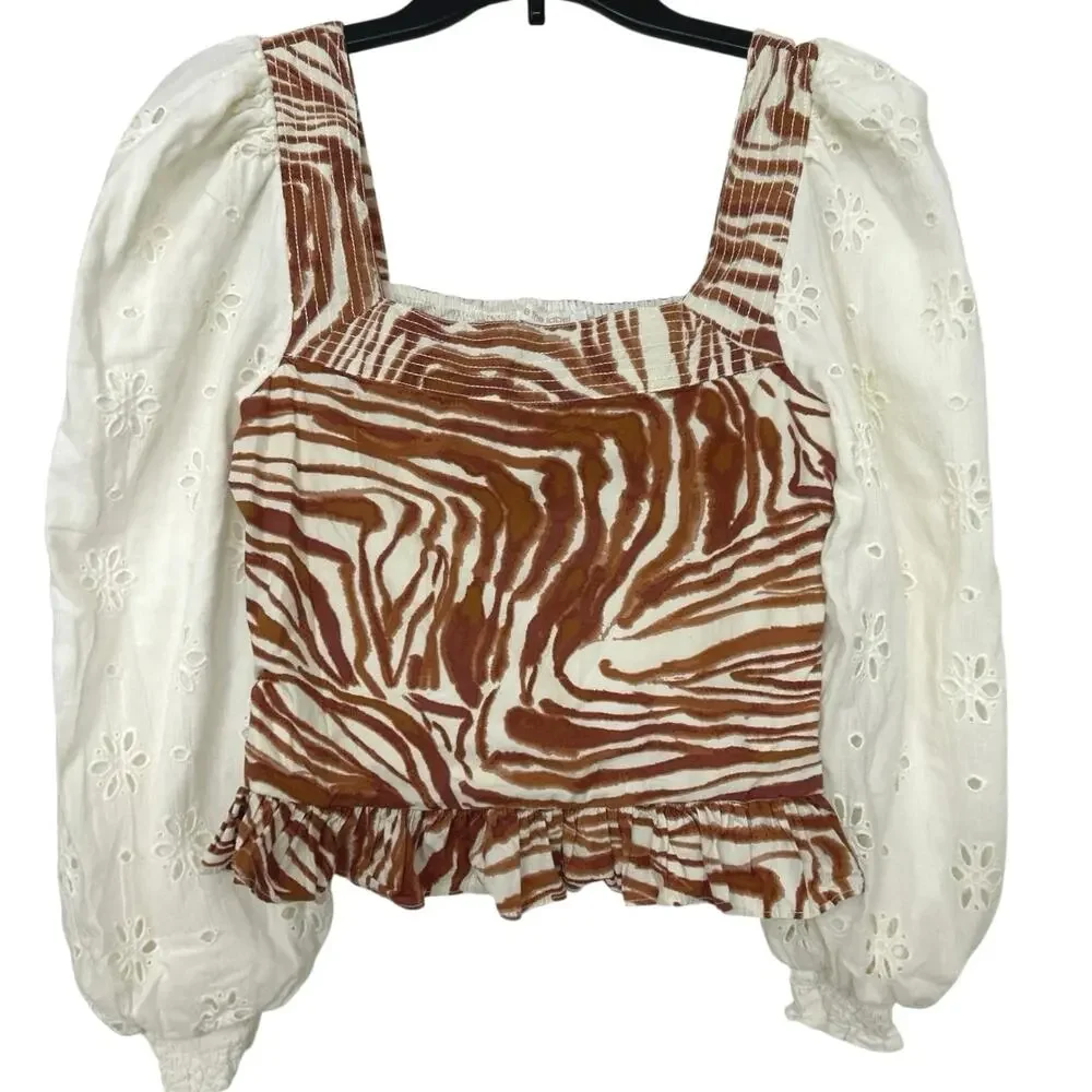 Anthropologie Love The Label Puff Sleeve Eyelet Smocked Top XS Boho Cottage